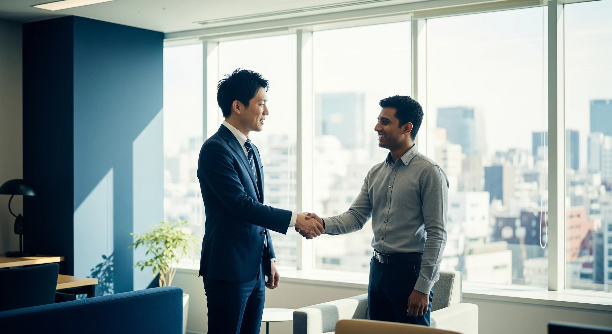 現場で握手を交わす日本人と特定技能外国人材